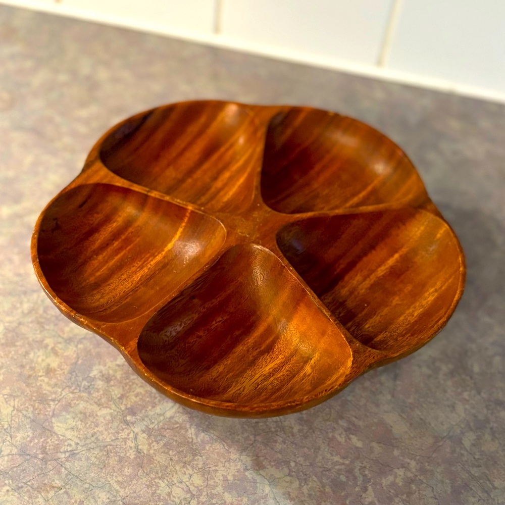 60's Handcrafted Wooden Monkey Pod Lazy Susan Appetizer Serveware - Wood Bowl